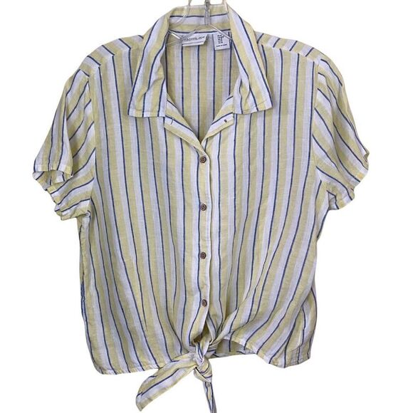 Rachel Zoe Linen Striped Tie Bottom Button Down Blouse Size Medium - Picture 1 of 5